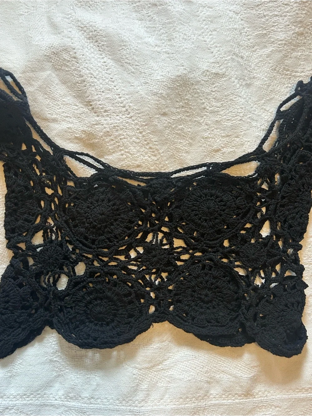 NWOT Handmade Crochet Bell Sleeve Cropped Festival Top - Black, size XS-M